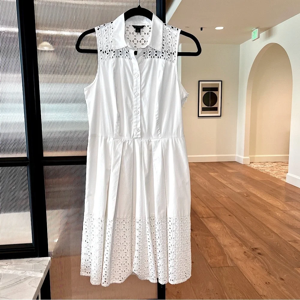 ANN TAYLOR White Eyelet Shirt Dress A-Line Cotton Lace Sleeveless Size 4 Summer - Picture 5 of 17